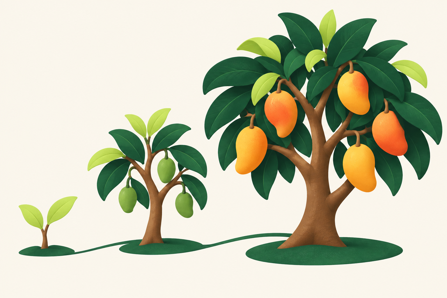 Stylised mango trees growing from a small sapling to a mature tree bearing ripe fruit.